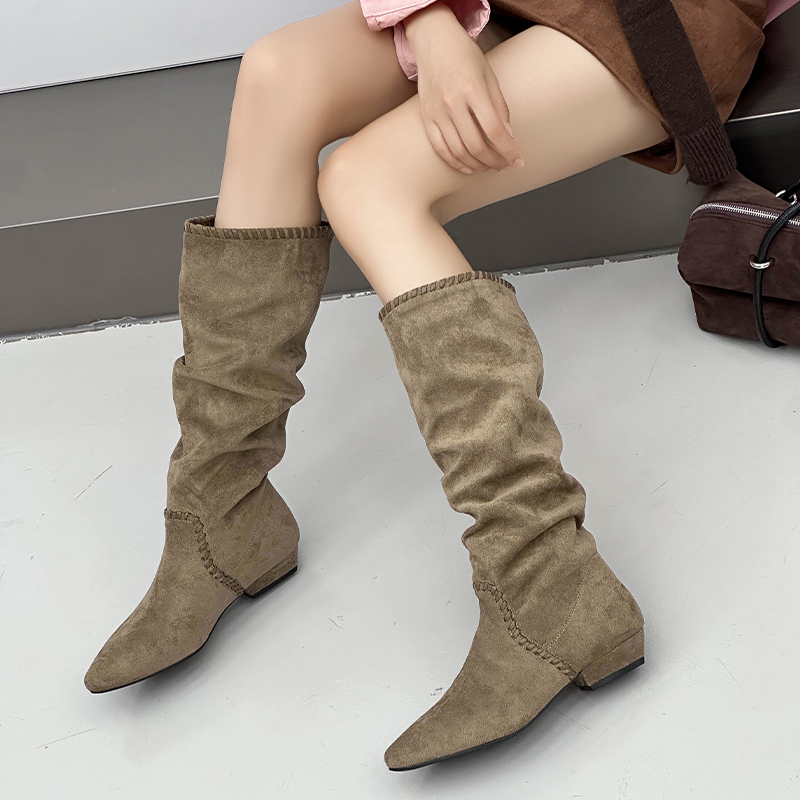 羊猄绒面复古平底长筒靴女不过膝