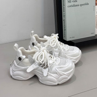 7cm运动休闲鞋 欧货真皮网面透气厚底老爹鞋 新款 2026春季 女小白鞋