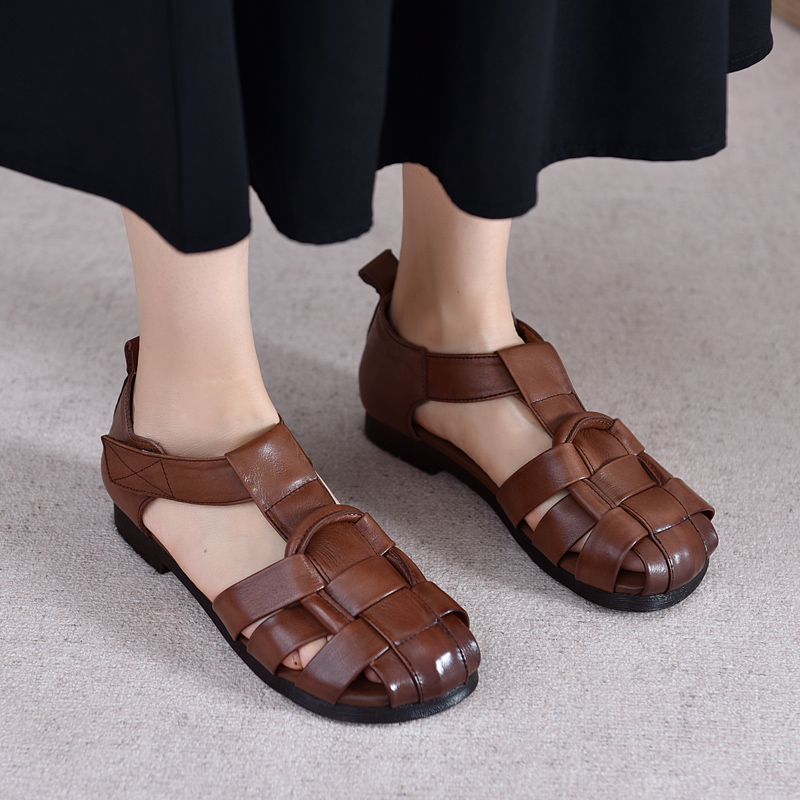 头层牛皮复古包头罗马凉鞋魔术贴