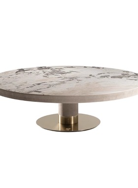 V家意式极简奢石大理石圆形茶几组合简奢Franky金属带抽屉矮桌子
