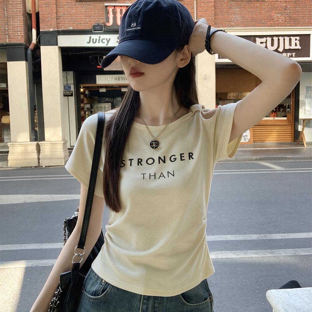 2026夏季新款韩版百搭圆领字母印花漏肩短袖T恤女款女显瘦上衣331