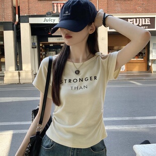 2026夏季新款韩版百搭圆领字母印花漏肩短袖T恤女款女显瘦上衣331