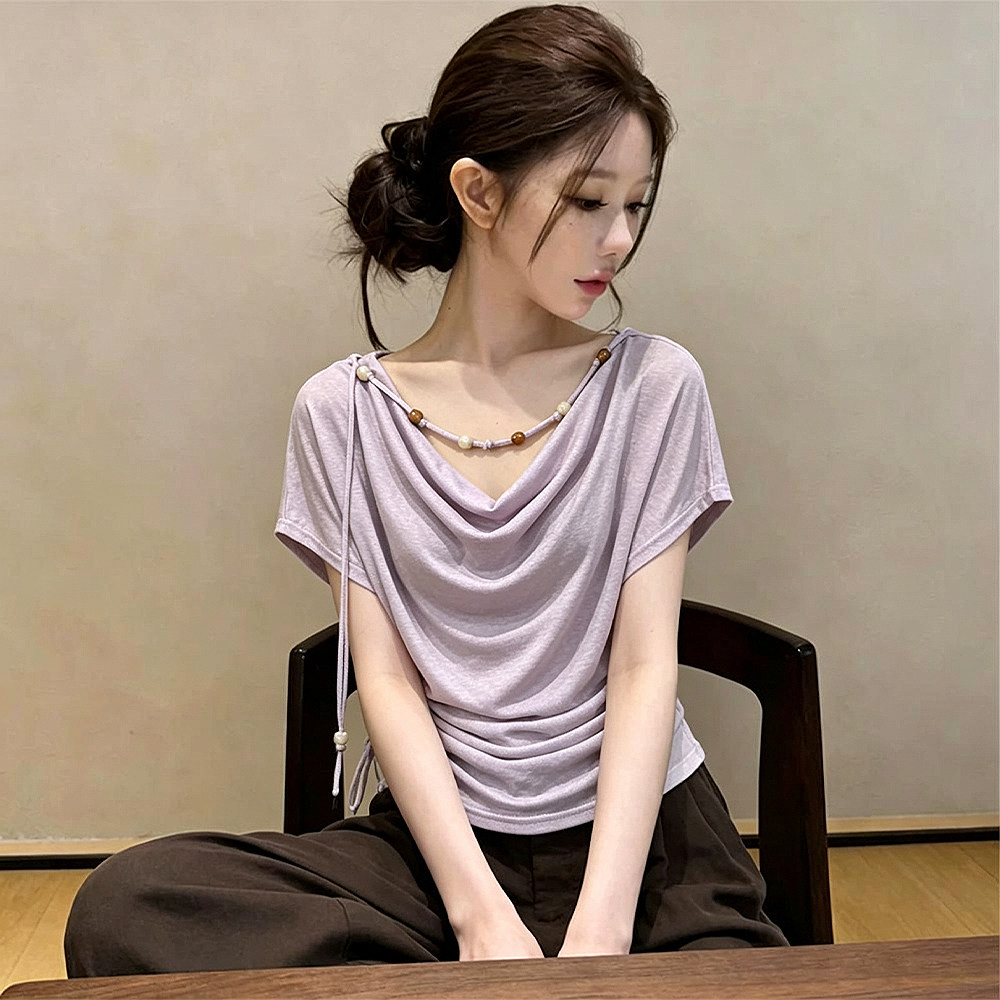 小众设计感夏季荡领气质百搭高级感别致修身显瘦短袖上衣女384