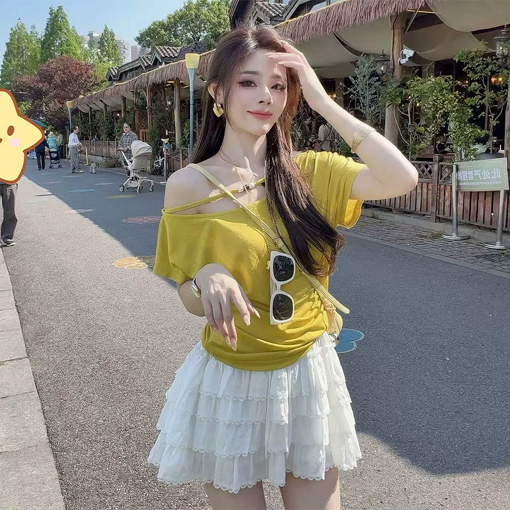韩系设计感斜肩串珠短袖T恤女2026夏季新款度假修身显瘦上衣368
