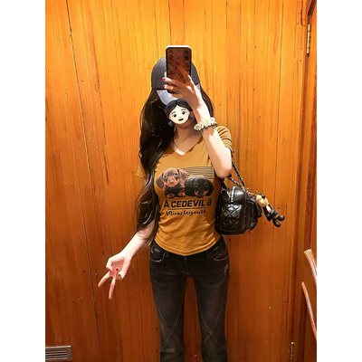 夏季新款美式复古卡通印花短袖T恤上衣女修身显瘦设计感辣妹392