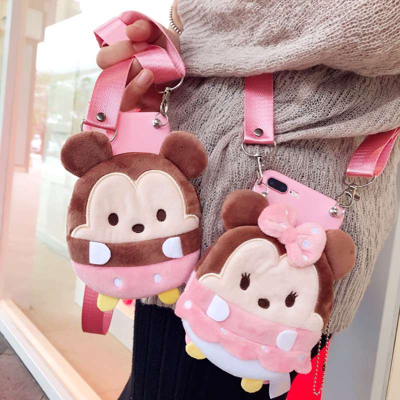 冬季毛绒手机壳苹果12少女款iPhone14/13Pro max软壳卡通可爱8XS斜挎背包式XR超萌米妮米奇零钱包14puls硅胶7