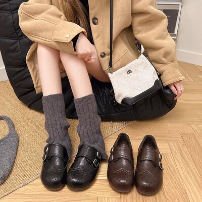 布洛克皮面雕花小皮鞋女2025秋冬新款东大门韩版纯色民族风勃肯鞋