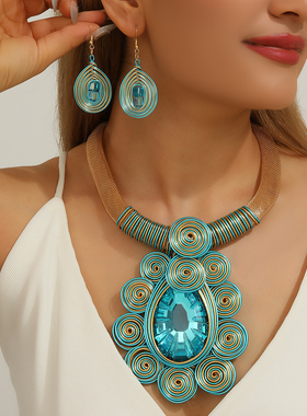 欧美热销多色套装夸张个性手工水晶铝丝编织项链耳环套装女装配饰