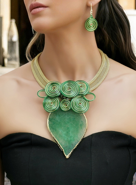 欧美跨境手工项链耳环套装夸张水晶树叶吊坠宴会饰品necklace项链