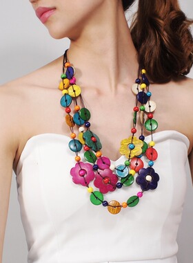 波西米亚彩色椰壳木质手工项链女 民族风时尚多层长款项链配饰