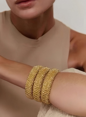 sasa同款手镯西班牙小众设计感镀金熔岩圆珠纹理开口手镯手环女