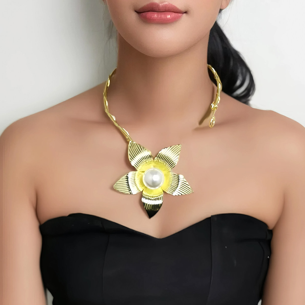 欧美夸张金属花手工仿珍珠Torques项链 电镀高质量项圈女士派对