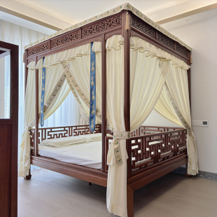 定制中式明清古典月洞拔步架子床仿棉麻刺绣葫芦装饰防蚊床幔纱