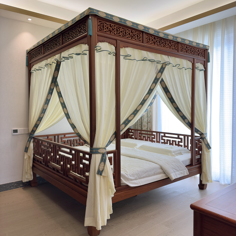 中式明清古典月洞拔步架子床柔顺棉麻亲肤纱刺绣锦绣装饰防蚊床幔