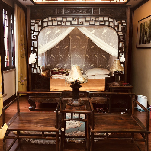 新中式仿明清古典双月洞架子床白色棉麻小鸟与枝丫绣花蚊帐床幔纱 - 封面
