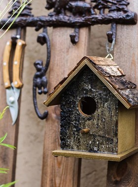 木质鸟窝房子杂货鸟巢花园庭院装饰鸟屋摆件美式户外园艺挂饰