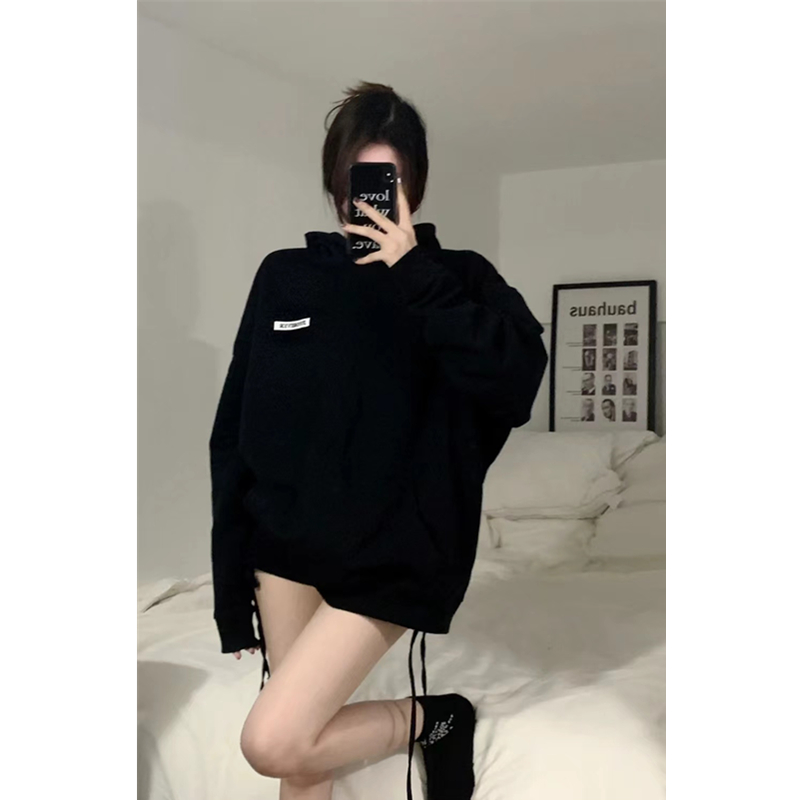 高街美式复古欧美ins百搭黑色连帽卫衣女宽松上衣潮2023新款