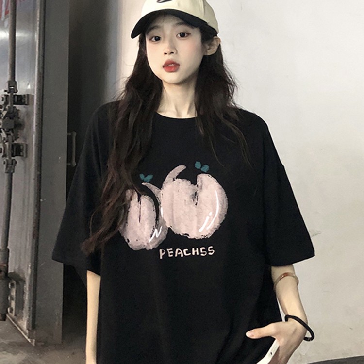 纯棉短袖黑色T恤女夏季2023新款慵懒风时尚宽松设计感ins打底上衣