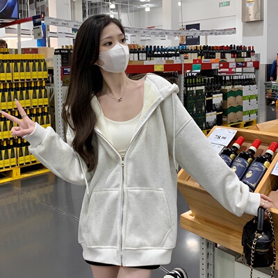 秋冬款加绒卫衣外套女加绒加厚开衫连帽宽松小个子纯色保暖上衣潮