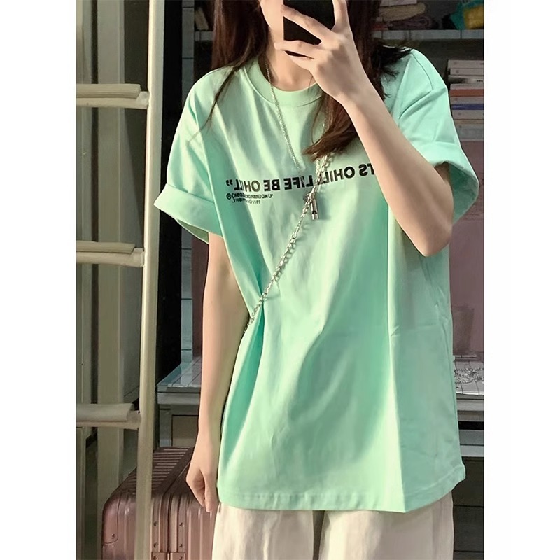 纯棉薄荷曼波正肩短袖t恤女宽松夏季韩版设计感小众oversize上衣