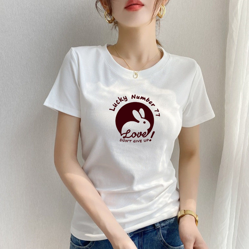 白色短袖正肩t恤女纯棉2023夏季新款圆领修身显瘦ins印花体恤上衣