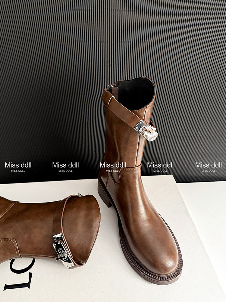 Brown leather mid-calf boots with buckle detail