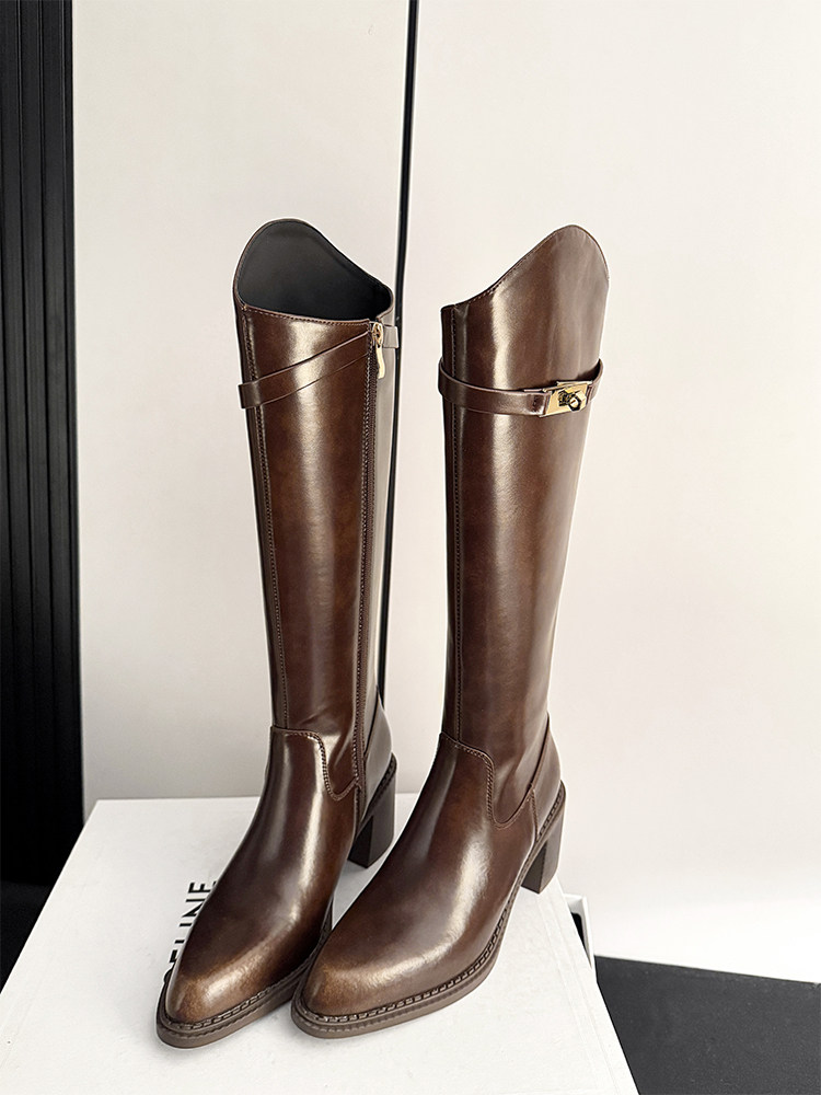 Brown knee-high leather boots with block heels