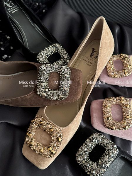 Embellished pointed-toe flat shoes displayed in multiple colors