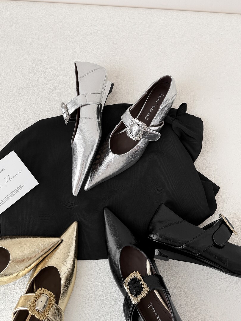 Assorted metallic and black pointed-toe embellished shoes displayed on a fabric background
