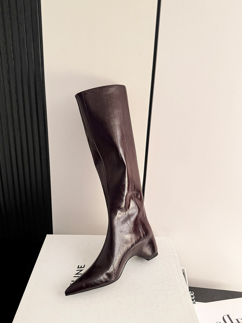 Dark brown knee-high pointed-toe boot displayed on a box