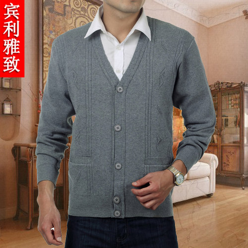秋冬薄款长袖针织衫老年春秋薄款毛织外套V领开衫爸爸装无领毛衫 - 封面