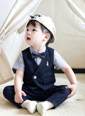 儿童西装套装男童花童婚礼服宝宝周岁中童钢琴演出服绣花马甲衣服