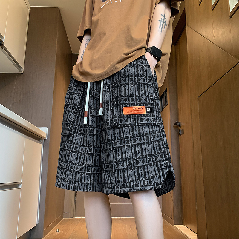 复古满印花短裤男2025夏季多口袋直筒冰丝速干工装休闲运动五分裤