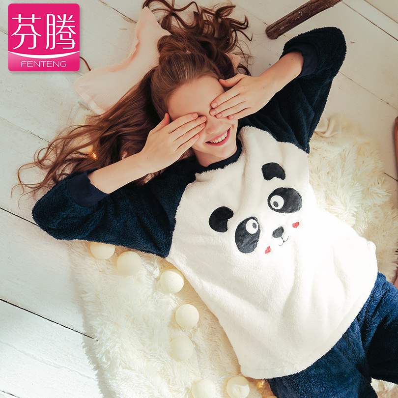 芬腾冬季睡衣女珊瑚绒加厚韩版套头长袖甜美可爱法兰绒家居服套装