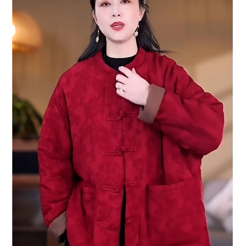 适用高定面料工厂纯亏的一单!大码秋H冬中国红棉服女夹棉盘扣宽松