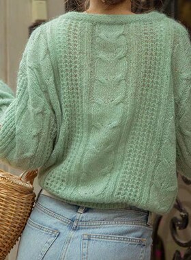 适用法国Rixo Rane 森系马海毛针织开衫女法式复古绿Z色麻花毛