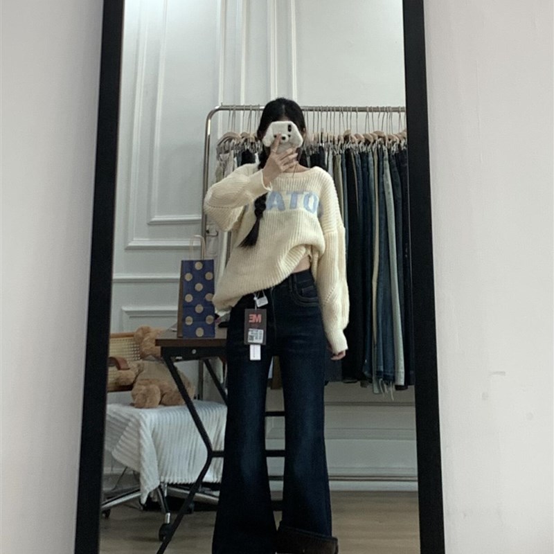 适用蓝灰色加绒加厚微喇叭牛仔裤女D秋冬新款覆古水洗高腰宽松显