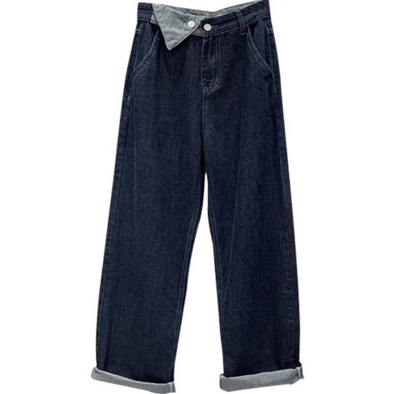 适用法国Rixo Rane 深蓝色高腰直筒牛仔裤女P宽松显瘦设计感阔腿