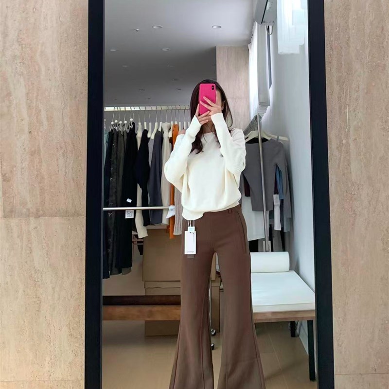 适用加绒加e厚美式咖色微喇运动裤女秋冬大码胖mm宽松垂感棕色阔