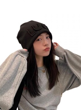 适用女字母包头针织帽春秋v款月子帽防风护耳韩版冷帽毛线帽薄款