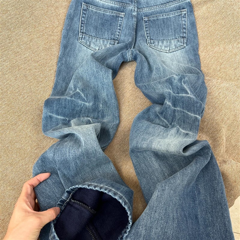 适用设计感中低腰加绒微喇叭牛仔裤女秋冬新O款美式复古蓝高腰显