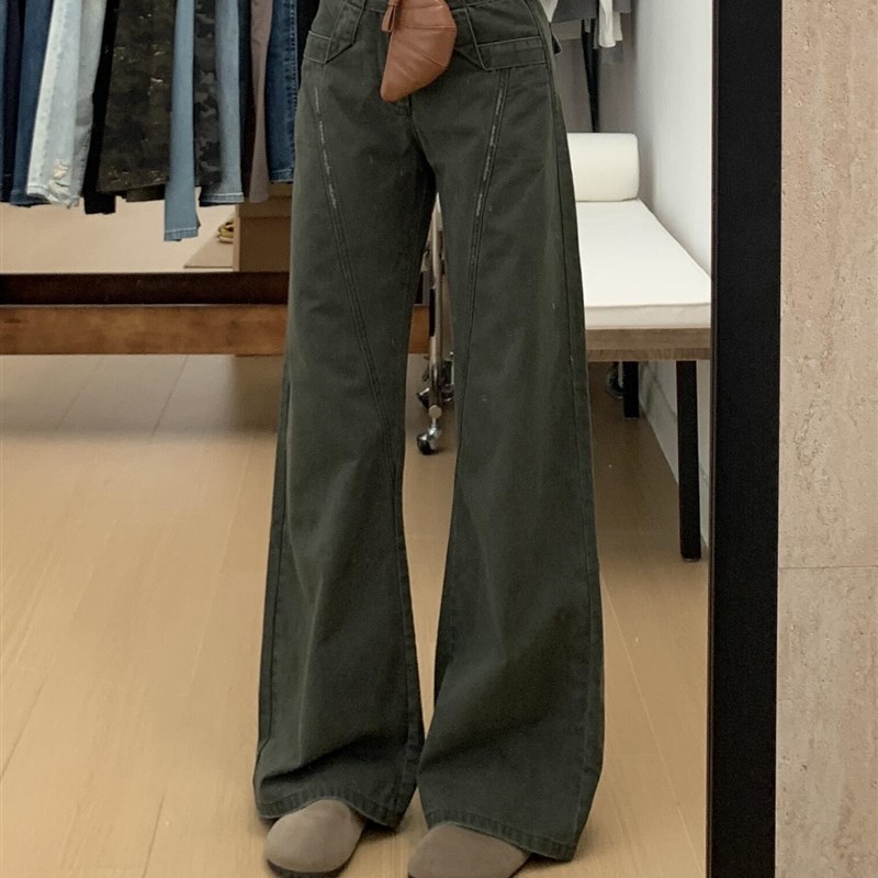 适用军绿色弯刀裤宽松微喇u叭牛仔裤女秋冬新款美式覆古垂感拖地