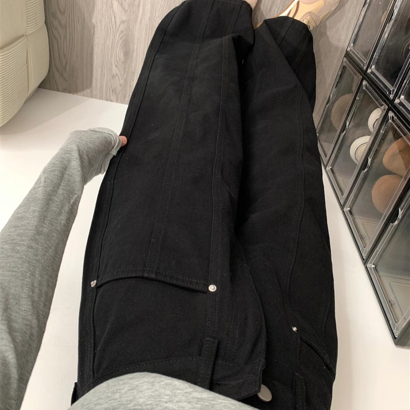 适用设计感黑f色弯刀工装牛仔裤女秋冬新款美式覆古高腰显瘦拖地