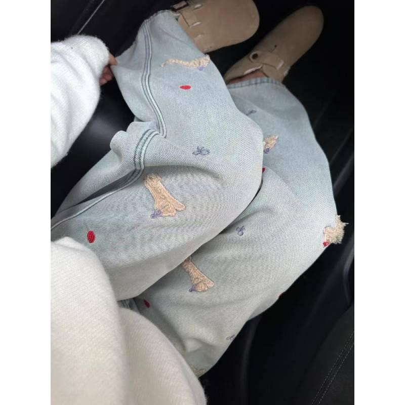 适用腊肠狗贴布刺绣加绒加厚牛仔裤女冬季新款P胖妹妹mm高腰宽松