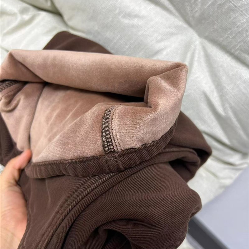 适用棕咖色加绒加厚宽松直筒牛仔裤女冬季胖妹N妹mm高腰百搭窄版