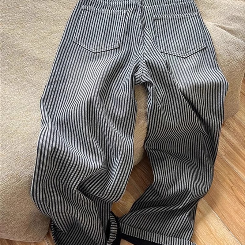 适用黑灰条纹阔腿牛仔裤女秋冬胖妹妹mm高腰宽松显瘦X加绒加厚直