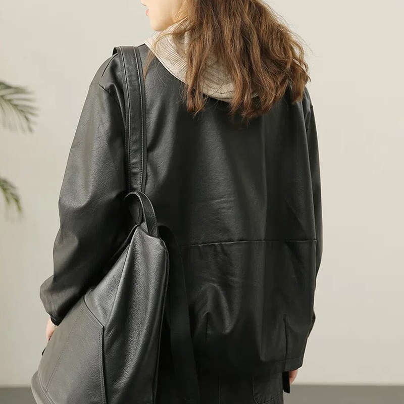 适用大码女装洋气时尚皮衣夹克外套E女秋冬宽松百搭休闲加厚长袖
