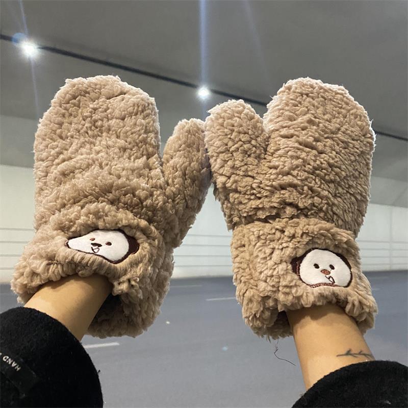 适用卡通图案毛绒绒手套女冬季挂脖全指骑车M骑车加厚保暖防寒防