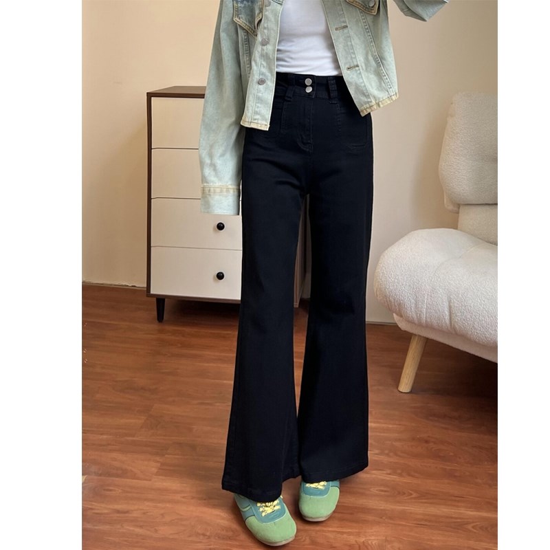 适用黑色窄版直筒牛仔裤女春季新款胖mm梨形身材宽U松显瘦遮肉阔