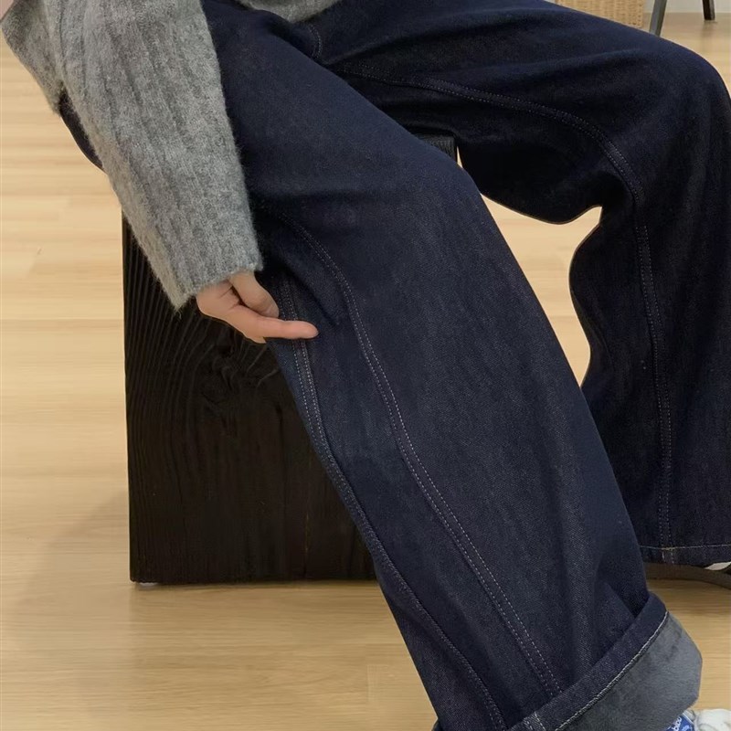 适用深蓝色直筒牛仔裤女秋冬加绒加厚胖妹妹mm梨形身X材高腰宽松